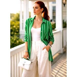 H&M Green Stripe Button Down Blouse | Size L | 100% Viscose Lightweight Shirt